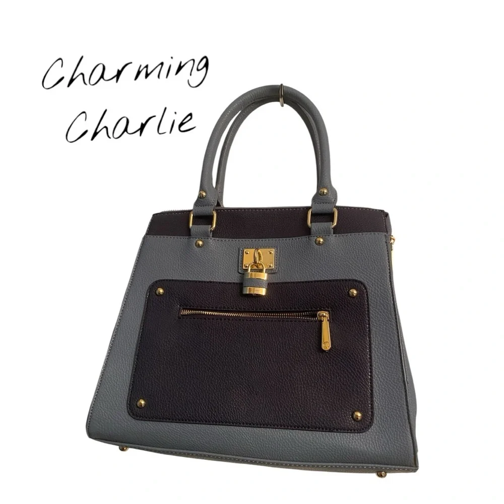 Charming Charlie Gray and Blue Satchel with Gold-Tone Accents